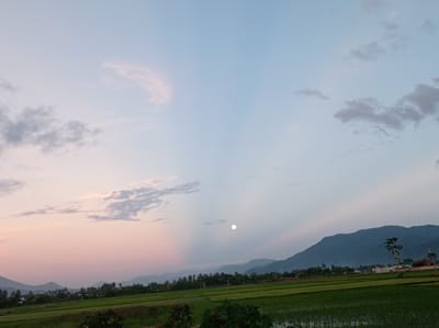 The image shows a panoramic view of a rural landscape at dusk in Desa Talango, Indonesia. The sky is a gradient of pale blue at the top transitioning to soft pink and purple hues near the horizon, with scattered clouds. A bright, full moon is visible in the upper center of the sky. In the middle ground, lush green rice paddies stretch out, reflecting the sky. A line of trees and scattered buildings, including what appears to be a mosque with a spire, are situated between the rice paddies and a range of dark, undulating mountains in the background. The overall atmosphere is serene and peaceful.