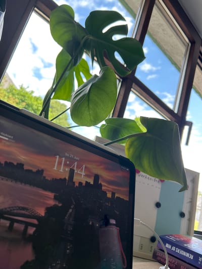 An indoor shot, looking up towards a window, shows a Monstera plant with large, fenestrated green leaves in the foreground. The window has a wooden frame and a view of a bright blue sky with scattered white clouds and green trees outside. In the lower left quadrant of the image, a tablet displays a cityscape at sunset with the time "11:44" and the date "So. 21. Juni" visible. To the right of the tablet, a planner or calendar with the word "Verkehrs" is partially visible, and beneath it, a stack of books. A white charging cable is plugged into the tablet and curves downwards. The scene is set in Wershofen, Germany.