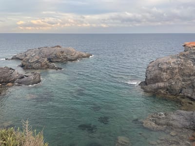 The image displays a rocky coastal landscape in Cabo De Palos, Spain, viewed from an elevated perspective under an overcast sky. The foreground features sparse, dry shrubbery with bare branches on the lower left. The sea dominates the midground and background, exhibiting clear, turquoise water in shallower areas around the rocks, transitioning to a deeper blue further from the shore. Small ripples are visible on the water's surface. Several grey rocky outcrops and islets are present in the water, with a larger formation prominent in the mid-left. A substantial dark grey rocky cliff with a reddish-brown upper layer defines the right side of the frame. The sky is covered by grey clouds, with some lighter, yellowish-tinted patches visible towards the horizon on the left. No individuals, animals, or man-made structures are observed.