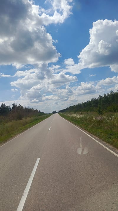 The image depicts a straight, paved road stretching into the distance, flanked by green vegetation and trees on both sides. The road has white dashed lines marking the lanes. The sky above is a vibrant blue with scattered white, puffy clouds. There are no people or vehicles visible in the image. The scene appears to be a rural or semi-rural setting, possibly on the outskirts of Rybushka, Russia, given the time of day and weather conditions suggesting a summer day. The road is the primary subject, leading the viewer's eye towards the horizon.