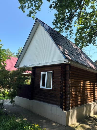This media file is a photo taken outdoors on a sunny day, likely in the late morning or early afternoon, judging by the angle of the sunlight casting shadows. The scene depicts a portion of a wooden house with a dark, textured log exterior and a dark, wavy-patterned roof. The house has a white-paneled gable end and a white-framed window visible on the log wall. Adjacent to the wooden structure is a lighter-colored tiled walkway.

Surrounding the house are lush green trees with leafy branches, some of which are partially obscuring the roof and sky. The sky is clear and blue. In the background, another house with a bright red roof is visible, suggesting a residential area. The overall setting appears to be a natural, possibly rural or suburban environment with a focus on the architectural details of the log house and its immediate surroundings. There is no visible text in the image, and no people or animals are present. The lighting and greenery suggest a warm, pleasant day.