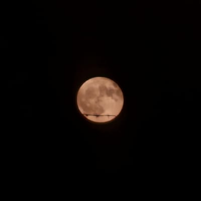 A full moon, with a pale orange hue and visible surface markings, is centered in a black sky. A dark, thin, horizontal line, possibly a wire or branch, passes across the lower portion of the moon, partially obscuring it. The scene is devoid of any other discernible elements.