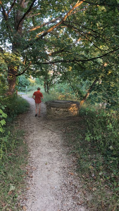 An overhead shot captures a gravel path winding through a sun-dappled forest in Saint-Apollinaire, France. A man wearing an orange shirt and beige shorts walks away from the camera on the path, his back to the viewer. To his right, a stone-built well with a metal grate on top sits beside the path. Lush green foliage and trees with dappled sunlight overhead create a serene, natural environment.