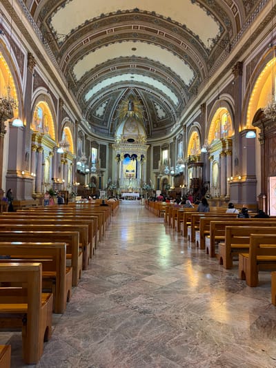 The image displays the ornate interior of a grand church or cathedral, viewed from a side aisle looking towards the main altar. The image is oriented sideways and needs to be rotated 90 degrees counter-clockwise for correct viewing.
The architecture is rich and detailed, characteristic of classical or baroque styles. A dominant feature is the elaborately decorated vaulted ceiling, painted in shades of cream and off-white, adorned with intricate patterns, moldings, and borders in brown and gold tones. Large, sweeping arches span the nave, also featuring detailed relief work. Along the upper walls, above the side aisles, are arched alcoves or windows emitting a soft, warm, golden light, suggesting either stained glass or concealed artificial lighting.
Below these arches, substantial pillars or pilasters, often topped with golden capitals and decorative elements, line the nave, separating the central space from the side areas. Between these pillars, smaller ornate altars or devotional niches can be seen, each typically featuring statues and gilded accents.
At the far end of the church, the highly ornate main altar stands as the focal point. It features a large, gilded reredos (altar screen) with what appears to be a statue of a figure (possibly the Virgin Mary or a saint) at its apex, surrounded by a radiant sunburst or halo design. Below this, a prominent structure, possibly a tabernacle or another devotional display, is decorated with vibrant blue and gold accents.
The floor is made of polished marble tiles, displaying a mix of grey, beige, and off-white tones with natural veining. The smooth surface reflects the warm lighting from above, creating bright, elongated streaks.
Rows of light-colored wooden pews are neatly arranged in the aisles, extending towards the altar. These pews have simple designs with straight backs and integrated kneelers. Scattered throughout the pews are several individuals, mostly seated or kneeling, appearing to be engaged in prayer or quiet contemplation. Their forms are largely indistinct, but their presence suggests a solemn and reverent atmosphere.
The overall lighting in the church is warm and inviting, highlighting the golden details and intricate carvings throughout the space. The ambiance is one of grandeur, reverence, and peace. No discernible text is visible in the image.