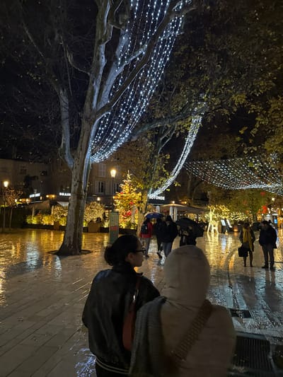 A rainy city street at night, adorned with Christmas lights. Trees are wrapped in strings of lights, creating a festive glow. People stroll along the wet pavement. A Christmas tree is visible in the background, adding to the holiday atmosphere. The reflections of lights on the wet ground enhance the scene. In the foreground, a person with short hair and glasses faces toward the lit street.