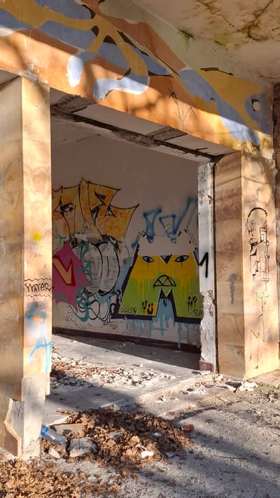 The image depicts an abandoned structure with significant graffiti and decay. The structure appears to be made of stone or concrete, with a tiled or textured finish on some surfaces.
**Location:** The city of Podbadac, Montenegro.
**Subjects:** Graffiti art is present on the interior walls, including stylized lettering and cartoon-like figures.
**Objects:** Debris, including broken pieces of the structure, leaves, and a plastic water bottle, litter the ground outside the structure. A can of drink is also present.
**Actions:** The structure is deteriorating and neglected, with signs of vandalism. The scene is static, capturing a moment of abandonment and decay.
**Interactions:** There is no indication of current human interaction, suggesting the space is unused and deteriorating.
**Environment:** The environment includes an area with dry leaves and rubble. The overall setting suggests a neglected and abandoned urban space.