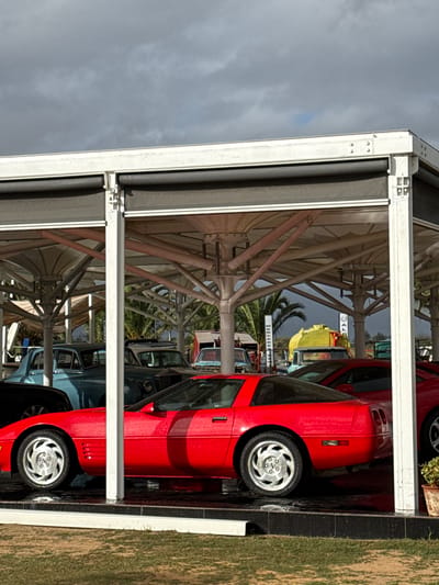 The image shows a collection of cars under a metal structure with a retractable roof. The cars are of various colors and models, including a red Corvette. The cars are parked on a dark surface, possibly a black tiled platform, adjacent to a patch of green grass. The metal structure has a central hub with radiating support beams. The sky is overcast, suggesting a cloudy day. The location is the "Euphorbia Nursery" in Kraaifontein, South Africa, as indicated by a sign visible through the structure. The focus is on the cars and the architectural framework covering them. There is no evidence of human presence in the immediate foreground.