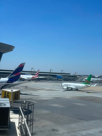 The image displays an airport apron scene under a clear, bright blue sky, located at O.R. Tambo International Airport in Kempton Park, South Africa.
In the foreground left, the vertical stabilizer and aft fuselage of a LATAM Airlines aircraft, bearing registration CC-BGY and a blue, red, and white livery, are partially visible. Adjacent to it, a small, distant human figure stands on the tarmac. To the right of the LATAM aircraft, an Air Mauritius Airbus A350-900 (partial registration 3B-NBM visible), with a white fuselage and a red tail featuring a bird logo, is parked or positioned on the apron. Further right, a white Malawi Airlines aircraft (registration ZS-MCJ), with "Malawi" text on the fuselage and a green tail featuring an orange sun logo, is present on a paved taxiway.
The background features a multi-level airport terminal building with numerous jet bridges. Additional aircraft, including one with a Qatar Airways tail, are visible in the distance. A yellow ground sign marked "A6" is prominently located in the lower-left foreground. Sections of grey metal infrastructure, likely part of a jet bridge or adjacent structure, are visible in the extreme lower-left. The scene is illuminated by direct sunlight, casting distinct shadows on the tarmac.