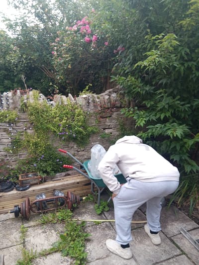 In a backyard setting, a person wearing a light-colored hooded sweatshirt and grey sweatpants bends over a wheelbarrow filled with a plastic-wrapped object. The wheelbarrow has red handles and sits on a paved patio. To the left of the wheelbarrow is a barbell with weights. The patio is surrounded by overgrown greenery and a stone wall topped with decorative lights. Behind the wall, dense foliage and some pink flowers are visible. The image appears to be taken in Bristol, United Kingdom, given the overall appearance of the garden and the architecture of the wall, common in residential areas of the city.