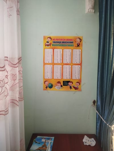A close-up indoor shot shows a multiplication table chart hanging on a light green wall. The chart is titled "KO PAYTIRISH JADVALI" and "ТАБЛИЦА УМНОЖЕНИЯ" in Uzbek and Russian, respectively, followed by "MULTIPLICATION TABLES" in English. The chart features cartoon illustrations of children and displays multiplication facts from 2x1 to 9x10. The wall shows slight imperfections and smudges, suggesting a lived-in environment. To the left of the multiplication table, a white curtain with a faint floral pattern hangs vertically. To the right, a blue curtain with a rope tie is visible. Below the wall, a dark wooden surface holds a stack of notebooks featuring images of the Eiffel Tower and airplanes, alongside a wadded-up piece of white fabric. A decorative golden hook is visible on the wall to the right of the chart. The location is likely a residence in Kuvasay, Uzbekistan, based on the Uzbek language on the multiplication table.