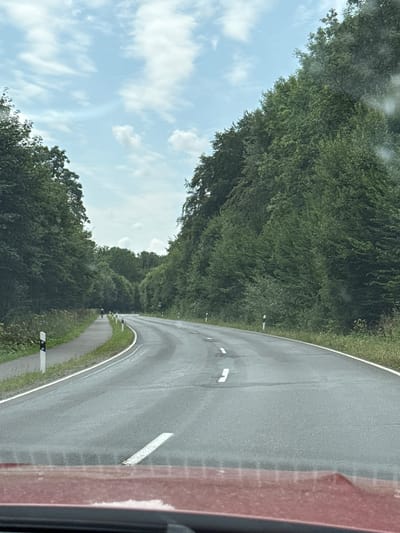 The image shows a winding asphalt road in a densely wooded area, likely in the Harz region of Germany, given the context of the location being in Landkreis Göttingen. The road is bordered on the left by a paved bicycle path, which is separated from the road by a grassy verge with white and black striped markers. A few figures on bicycles are visible on the path in the distance. The road itself has white lane markings. On the right side of the road, the dense green foliage of trees forms a thick wall. The sky is partly cloudy with a pale blue hue. The perspective suggests the photo was taken from a vehicle moving along the road, with the hood of a red car visible at the bottom of the frame. The overall scene depicts a scenic, rural road through a forest.