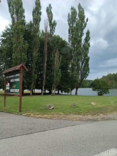 The image depicts a scene at a location likely in or near the city of Tábor, Czechia, given the context of the sign. In the foreground, there is a paved path, possibly a road or walkway. To the left, a wooden signpost stands on a grassy area. The sign itself is dark green with white text and graphics. It reads "HOTEL, RESTAURACE A CAMPING" and "KNÍŽECÍ RYBNÍK". Below this, there are icons, including a fish, a beer mug, and what appears to be playing cards.
Behind the sign, the terrain is covered in lush green grass, with a few scattered rocks of various sizes. A line of tall, slender trees with dense green foliage dominates the middle ground, with some of these trees appearing to be poplars. Beyond the trees, a calm body of water, likely a lake or pond, is visible, reflecting the overcast sky. The background features a densely wooded area, with the trees forming a dark green wall against the muted sky. The sky itself is cloudy, suggesting an overcast day. No people or animals are discernible in the image. The overall impression is of a serene, natural setting near a recreational facility.