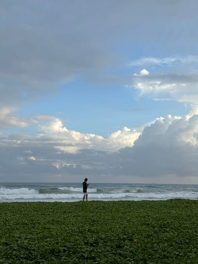 A person stands on a lush green embankment overlooking the ocean. The sky is filled with dramatic clouds, with patches of blue sky peeking through. The ocean is a deep blue, with white waves crashing against the shore. The scene appears to be set in a tropical location, possibly Sri Lanka, given the reference to Koggala. The time of day is unclear, but the lighting suggests it could be early morning or late afternoon. The overall mood is one of tranquility and natural beauty, with the solitary figure adding a sense of contemplation. There is no visible text in the image.
