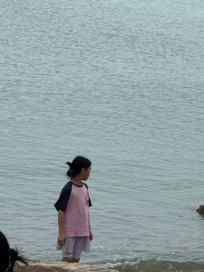 A young girl stands near a body of water, possibly a lake or the ocean. She is wearing a pink and navy blue shirt, a grey skirt, and has her dark hair pulled back in a ponytail. She gazes upward towards the water's surface. The water appears textured with numerous ripples or waves. The edge of the body of water is visible, with a rough, possibly rocky, shoreline. Another person's hair is barely visible at the bottom edge of the frame.