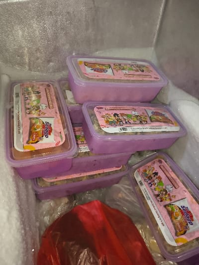 This image depicts the interior of a freezer or cold storage unit in Tarqumiyah, Palestinian Territory, characterized by frosted white walls. The space is largely occupied by multiple translucent purple rectangular plastic containers with clear lids, stacked in a somewhat haphazard manner. Each lid features a pink label adorned with colorful cartoon characters, text, and an image of a "Mi Sedap Goreng" instant noodle packet. The containers hold a light brown, granular food substance. A crumpled red plastic bag is visible in the lower-left foreground, partially obscured by the containers, with additional clear plastic packaging beneath some containers. No individuals are present in the scene.