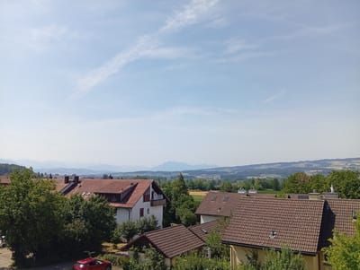 This is an eye-level, medium shot taken outdoors on a sunny day, capturing a residential area with a distant view of mountains. The foreground is dominated by several houses with brown tiled roofs, interspersed with lush green trees and bushes. A bright red car is parked on a paved area in the lower left quadrant. The houses appear to be of modern construction with white or light-colored facades and some with visible windows and chimneys.
In the middle ground, rolling hills and agricultural fields are visible, with more trees scattered throughout. The background features a hazy, expansive mountain range under a pale blue sky with wispy white clouds. The overall impression is one of a peaceful suburban or rural landscape in Switzerland. The lighting suggests it is daytime, with the sun casting soft shadows. There are no people visible in the image, and no discernible actions or interactions are taking place. The scene is static and tranquil.