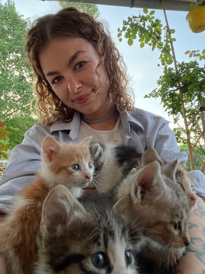 The image captures a close-up, low-angle perspective of a young woman holding several small kittens outdoors in Danilovgrad, Montenegro.

The main subjects are a young woman and at least four kittens. The woman has long, curly brown hair and a gentle smile, with visible blue-grey eyes. She is wearing a light-colored top under a light blue or grey patterned button-up shirt, and a subtle beaded necklace. A dark tattoo is visible on her left shoulder/upper arm. She appears affectionate and happy.

Nestled in her arms, the kittens are of various colors and patterns. A prominent orange and white kitten with bright blue eyes is looking upwards and slightly away, while a grey and brown tabby kitten is partially visible, appearing to look towards the camera. The other kittens are less distinct but appear to be young and curious.

The activity taking place is the woman holding and interacting with the kittens, possibly for a selfie or a close-up photograph. The setting is outdoors, characterized by abundant green foliage and branches overhead, visible against a bright, clear sky. The bright light suggests it is daytime under fair weather conditions. A yellow, pot-like object is also seen hanging from an unseen structure in the upper left background. No visible text is present in the image.