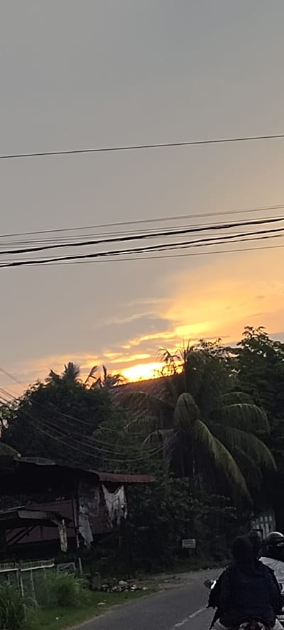 This is a photograph taken at dusk in Keudeteupinpunti, Indonesia. The sky is a pale gray with streaks of orange and yellow from the setting sun, which is partially obscured by clouds and silhouetted trees. Several power lines crisscross the sky, casting faint shadows. In the foreground, dense green foliage, including palm fronds, dominates the scene, obscuring much of the landscape. Below the foliage, a rustic building with a corrugated metal roof and torn fabric hanging from its side is visible. To the right of the building, a road runs diagonally across the frame. A motorcycle carrying two people is traveling away from the viewer on the road. The person in the back is wearing a dark hooded jacket, and the person in the front appears to be wearing a white jacket and a helmet. The overall impression is one of a rural setting at the end of the day.