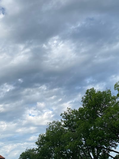 The image shows a cloudy sky with some patches of blue visible. The lower right portion of the image is filled with the lush green canopy of trees. The trees appear to be deciduous, with full foliage. A sliver of a reddish-brown roof is visible in the bottom left corner, suggesting the presence of a building nearby. The scene appears to be an outdoor setting, possibly a park or residential area in Sainte-Anne-de-Bellevue, Canada. There are no people or animals visible in the image, and no specific actions or interactions are depicted. The environment is characterized by the dynamic sky and the natural element of the trees.