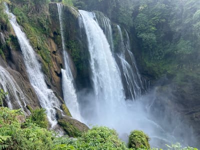 The image depicts a large, multi-tiered waterfall cascading down a rocky cliff face covered in moss and vegetation. The location is likely within the vicinity of San Francisco de Yojoa, Honduras. The water flows with considerable force, creating mist at the base of the falls. Lush green plants and trees are visible at the bottom of the frame and on the surrounding cliffs, indicating a humid, tropical environment. The overall lighting is soft and diffused, potentially due to overcast conditions. There are no people visible in the image.