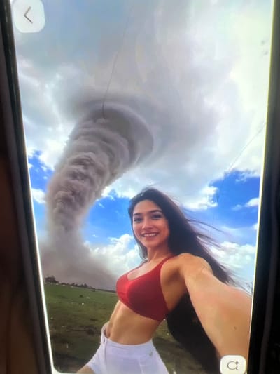 The image depicts a selfie taken by a woman in a red bikini top and white shorts. Behind her, a large dust devil or small tornado is visible in a field under a cloudy blue sky. The woman is smiling and looking at the camera. The scene appears to be in a rural area with green fields and some scattered debris. The overall impression is of a dramatic natural event occurring in the background while the subject poses for a photo. The location specified, Kara-Dıykan, Kyrgyzstan, is not explicitly visible in the image, but the landscape could be consistent with a rural area in that region.