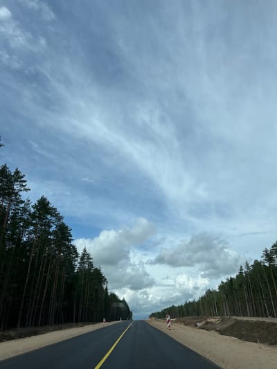 The image captures a perspective of an asphalt road with a yellow dividing line, leading into a densely forested area on both sides. The road appears to be under construction or recently completed, with visible sand and dirt embankments along the edges. Red and white striped markers line the right side of the road, indicating caution or work in progress. The sky above is a mix of blue with scattered, wispy white clouds, suggesting an overcast or partly cloudy day. The trees are tall and slender pines, forming a continuous wall of green foliage along the road's path. The scene is devoid of people or vehicles, presenting a solitary and somewhat desolate landscape. The location is identified as being in the Задорʼеўскі сельскі Савет, Belarus.