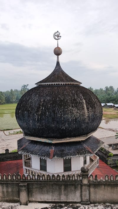 An elevated, eye-level photograph depicts a multi-tiered mosque dome and spire in Mns Asan, Indonesia, under an overcast sky. The uppermost element is a dark, textured conical spire, capped by a weathered metallic finial featuring a crescent moon and star, on which several small dark birds are perched. Below this, a large, dark, bulbous dome, constructed from overlapping shingle-like material, displays significant weathering and white discoloration. This dome rests on a decorative white band, which sits atop a smaller, dark, conical roof structure. Beneath this lower roof, a white-walled multi-sided section of the building with rectangular windows and a white balustraded balcony is visible. A reddish-brown roof extends beneath the balcony level. The immediate foreground features a weathered, dark grey concrete wall with a crenellated top. The background comprises cultivated green rice paddies with standing water to the left, a reflective body of water to the right with indistinct small structures on its far bank, and a dense horizon line of tropical foliage, predominantly palm trees. No human subjects are present.