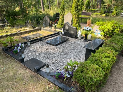 The image depicts a well-maintained grave site in a cemetery located in Suži, Latvia. The primary subject is a grave marked by a polished black granite headstone with a portrait and inscribed text that reads "LAIMONIS METERS" with dates "09.02.1952 - 30.08.2014". A smaller, flat granite stone is placed in front of the headstone. The grave area is covered with white pebbles and bordered by black granite. Several small white angel figurines, candle holders with candles, and a vase with artificial flowers are placed around the grave. Floral arrangements, including purple and white flowers, are also visible in a planter. The surrounding environment consists of lush green trees, bushes, and grass, suggesting a natural and tranquil setting. In the background, other gravestones, benches, and more trees are present, indicating it's part of a larger cemetery. The lighting suggests it is daytime, with sunlight filtering through the trees, creating shadows.