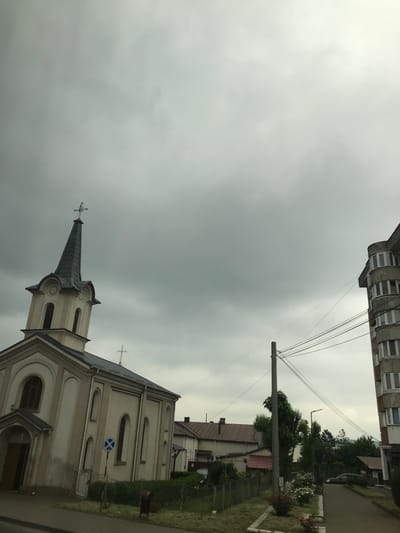 The image displays an overcast urban scene in Fălticeni, Romania. On the left, a light-colored church with a dark gray tiled spire, topped by a cross, is prominent. The church exhibits arched windows and decorative facade elements. A smaller cross is present on its main roofline. In front of the church, a blue circular traffic sign with a white diagonal cross is visible, positioned near a low green hedge and a small red cylindrical waste bin. On the right, a multi-story residential building with a concrete exterior features multiple windows and distinct rounded balconies on its corner. The sky is uniformly gray and heavily overcast. A utility pole stands in the mid-ground, supporting numerous power lines that traverse the frame horizontally. The foreground shows a paved surface, while a strip of grass with bushes and flowering plants, including red and white roses, separates the street from other structures. In the background, several houses with reddish-brown tiled roofs are visible, and a dark vehicle is partially discernible on a distant street or driveway. There are no people visible.