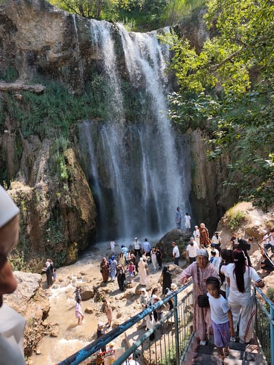In Arstanbap, Kyrgyzstan, a picturesque waterfall cascades down a rocky cliff face, surrounded by lush green vegetation and trees. A crowd of people, dressed in a mix of traditional and modern attire, gathers at the base of the waterfall and along a set of stairs leading down to it. Some individuals are wading in the shallow water, while others stand on rocks, observing the natural spectacle. The scene is bathed in sunlight, creating a vibrant and lively atmosphere. The waterfall appears to be a popular tourist destination, as evidenced by the number of visitors present.