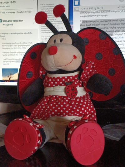 A stuffed ladybug toy is the primary subject of the image, positioned centrally and occupying most of the frame. The toy is red with white polka dots and black spots on its wings. It has a smiling face with prominent red antennae. The toy is wearing a red and white polka dot dress with a white belt. Its feet are red and circular with a paw print design.
Behind the toy, a computer monitor is visible, displaying text in Armenian. The text appears to be from a religious or educational context, possibly a Bible study or lesson. Some visible text includes "w11 3/15 էջ 12-16", "w11 3/15", and references to verses like "20:9" and "17:6". The monitor also shows a small image of a barren tree against a cloudy sky.
The lighting suggests an indoor environment, likely a room with a computer. The overall scene is a still life, focused on the toy and the information displayed on the screen. There is no indication of the city of Martuni, Armenia, or any specific urban location in the provided image or its crops.