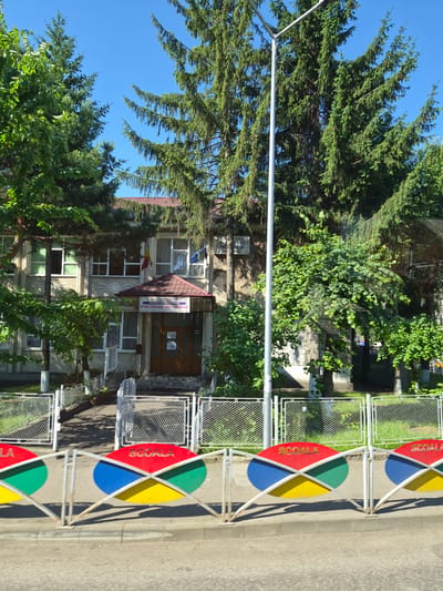 The image captures a frontal view of a two-story school building under a clear blue sky. The building, constructed with stone or concrete, features multiple windows and a prominent entrance sheltered by a tiled, conical roof. A sign above the entrance reads "ȘCOALA GIMNAZIALĂ MIHAIL SADOVEANU" and "FĂLTICENI," indicating it is the Mihail Sadoveanu Gymnasium School in Fălticeni, Romania. Lush green trees, including tall conifers, surround the building, partially obscuring its facade. A metal fence with decorative circular elements displaying the word "ȘCOALĂ" in Romanian (meaning "school") separates the school grounds from the foreground, where a paved road is visible. The overall scene depicts a sunny day in front of a school, with a focus on the building and its educational context.
