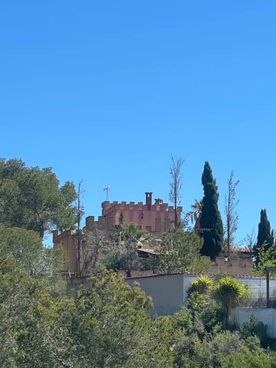 The image captures a view of a building and surrounding trees against a clear blue sky, likely in Rojales, Spain. The building appears to be multi-storied with an architectural style featuring rectangular protrusions and terracotta-colored walls. Trees, including pines and cypress, frame the building, obscuring portions of its structure. An antenna or weather vane is visible on the building's roof. The image is presented in a vertical orientation.