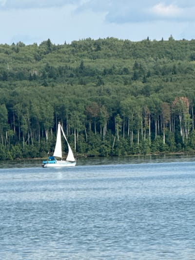 The image shows a sailboat on a body of water. In the background, there is a dense forest with many trees. The sky above is partly cloudy. The sailboat appears to be a small white vessel with blue accents and two sails. There is a person visible on the deck of the sailboat, operating it. The water is choppy, with ripples and waves. The overall scene is serene and natural, suggesting a calm day for sailing. The location is the Kama River in Chaikovsky, Russia, a city known for its industrial and natural beauty.