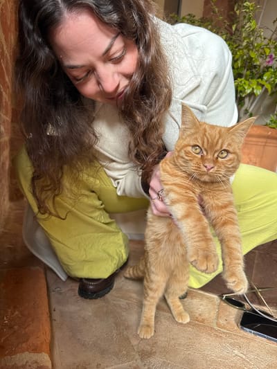 The scene is set in an unspecified location within the city of Montepulciano, Italy, possibly a courtyard or patio. A female individual with long, wavy brown hair is depicted in a crouched position, looking downwards with a slight smile. She is wearing a light-colored top and bright lime-green trousers, with a dark brown, chunky-soled shoe visible on her left foot. Her right hand, adorned with a gold-toned ring, is holding an orange tabby cat by its torso, supporting it as it stands upright on its hind legs. The cat has amber-colored eyes and a distinct dark spot below its left eye, and it is looking directly forward towards the observer. The floor is composed of light brown terracotta tiles. A reddish-brown brick wall is visible on the left side of the frame, and in the background to the right, green foliage with small pink flowers is present within terracotta planters. On the floor to the right, a smartphone with a clear case and a pair of dark sunglasses with a gold chain are visible.