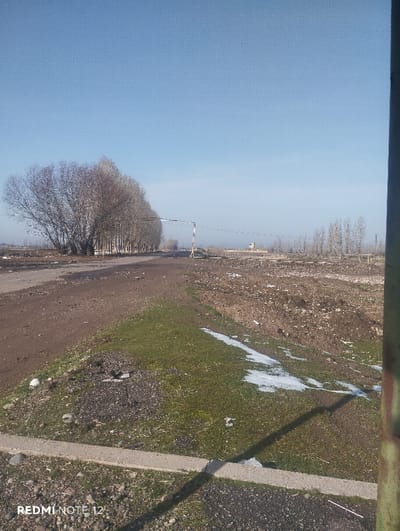 A dirt road stretches into the distance under a clear blue sky. A line of leafless trees flanks the road on the left. A field of turned earth sits to the right, patches of snow lingering. Some green grass spots along the foreground. A small building is barely visible in the background. The corner of a pole is intruding from the right side, with a concrete barrier running along the bottom edge of the frame.