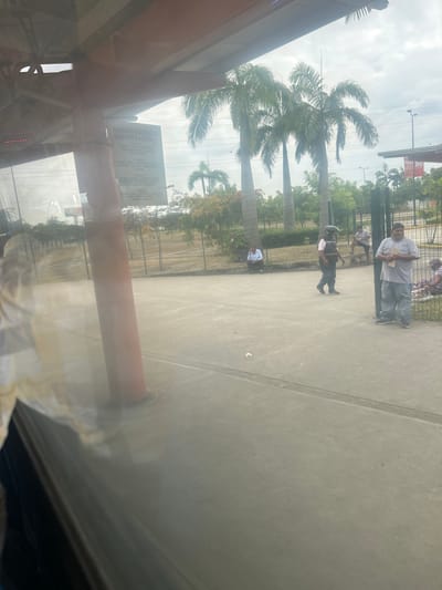 The image depicts an outdoor scene in Milagro, Ecuador, viewed through a window with significant reflections in the foreground. A reddish-brown structural column is visible on the left, supporting an overhead structure. An information sign, partially obscured, is attached to this structure, with "INFORMACIÓN IMPORTANTE" visible. The ground is paved, with visible expansion joints. Several individuals are present: In the left-center, a male in a white shirt and dark pants is seated on a curb, looking down. A male wearing a white shirt, a dark vest, and a dark helmet is walking from left to right across the paved area. To the right, a heavy-set male in a light grey t-shirt and blue jeans stands near a metal fence, holding a light-colored item. Another individual is seated on the ground adjacent to the fence, partially obscured by the standing man. Beyond the paved area, a metal fence separates it from a vegetated zone containing several tall palm trees and various shrubs. The background features an overcast sky and faint distant structures.