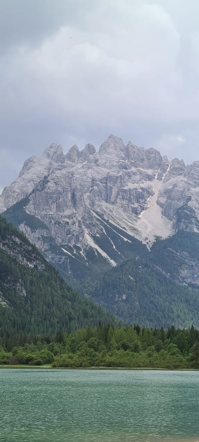 The image depicts a serene natural landscape in the vicinity of Toblach-Dobbiaco, Italy. In the foreground, a tranquil body of water, likely a lake, exhibits a greenish-blue hue with subtle ripples on its surface. The middle ground is characterized by a dense forest of evergreen trees, creating a verdant barrier. Beyond the forest, a majestic mountain range dominates the background. These mountains are characterized by their rugged, rocky terrain, with visible striations and lighter patches of exposed rock. Some areas of the mountains are dusted with snow, especially in higher crevices. The sky above is overcast with a pale, diffused light, suggesting a cloudy or misty day. The overall scene is one of natural beauty and tranquility, typical of alpine environments.