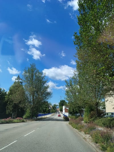 The image depicts a street scene in Strakonice, Czechia, on a clear, sunny day with a bright blue sky dotted with white clouds. A paved road runs towards the background, lined with trees and vegetation on both sides. On the left, there are flowering plants and trees. On the right, there are more trees and buildings. A red car is visible on the road in the distance, and a blue railing runs along the side of the road. The overall impression is that of a suburban or a less busy urban area.
