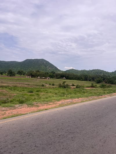 The image shows a landscape scene with a road in the foreground. The road appears to be asphalt with a yellow line marking the edge. Beyond the road, there is a grassy area with some dirt. Further in the distance, there are rolling green hills covered in trees and vegetation. A few small structures, possibly huts, are visible amongst the trees. The sky is cloudy. The scene depicts a rural or semi-rural environment.