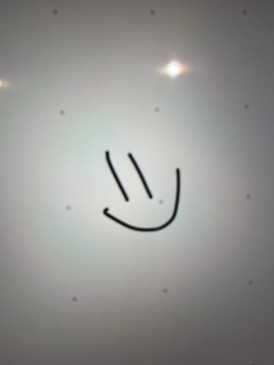 The image, reportedly from Fraccionamiento Los Heroes Queretaro, Mexico, displays a hand-drawn smiley face against a light grey background. The smiley face is rendered in black lines, consisting of two short, vertical lines serving as eyes and a single, upward-curving line forming a mouth. This drawing is positioned in the lower-central portion of the frame. The background surface exhibits numerous small, dark, circular specks, consistent with dust particles. Additionally, two distinct, bright, star-shaped lens flares or reflections are present in the upper half of the image, one towards the upper-left and another towards the upper-right. No individuals are present. The overall image quality suggests a digital capture, possibly from a screen or a textured surface, with some degree of softness in focus.
