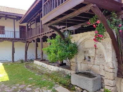 This image presents a serene courtyard scene within what appears to be a traditional monastery or historical building, characteristic of Rozhen, Bulgaria. The central focus is a rustic stone fountain on the right, featuring a carved stone basin filled with water and a metal spigot from which water flows. Above the spigot, a small bell or metal ornament hangs from a chain, and an ancient, weathered inscription in an unidentifiable script is carved into the stone archway behind the fountain.
Overlapping the fountain area and extending upwards, a vibrant climbing rose bush with numerous pink blossoms adds a splash of color to the otherwise earthy tones. Adjacent to the fountain, a lush green bush thrives, and a dark metal lantern with a visible bulb hangs from the wooden structure of an upper-level balcony.
The architecture is characterized by multi-level wooden balconies and walkways made of dark, aged timber, supported by robust wooden pillars. These structures overhang white-washed walls, some revealing stone foundations, and are topped with traditional reddish-brown tiled roofs. The ground is a mix of green grass, patches of clover, and irregular stone paths or cobblestones, suggesting a well-worn, natural environment.
The scene is bathed in bright daylight, casting clear shadows and highlighting the textures of the stone and wood. No people are present, lending a tranquil and timeless quality to the setting. The overall impression is one of historical charm and natural beauty, preserved in a peaceful, sunny environment.