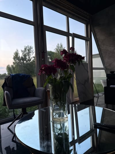 The image captures an indoor scene with large windows offering a view of trees and a twilight sky. In the foreground, a glass vase filled with dark red flowers sits on a round, reflective glass table. To the left of the table, a gray armchair is positioned near the window, with a jacket draped over its back. The room appears modern, with dark flooring and a dark ceiling. In the background, through the windows, a field and more trees are visible, suggesting a semi-rural or suburban setting. The lighting suggests it is late afternoon or early evening. The image is undated and unlocated.