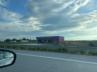 A low-angle, medium shot captures a purple building with white lettering on its facade, situated in Sagholasheni, Georgia. The building appears to be a commercial establishment, possibly a store, with large windows displaying goods and a single door. It is set against a backdrop of a vast, flat landscape under a partly cloudy sky. In the foreground, a highway guardrail separates the road from the grassy median. The reflection of a car's side mirror is visible in the lower left corner, indicating the photo was taken from a moving vehicle. The overall scene is tranquil and rural, with a hint of urban development in the form of the roadside building.