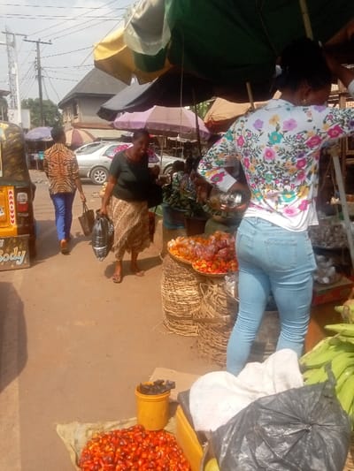 An outdoor market scene shows a bustling environment with vendors and shoppers. In the foreground, a heap of red palm fruits sits beside a yellow bucket with dark objects. A woman with a floral top and blue jeans adjusts her hair. Another woman carrying a black bag walks through the scene, a third woman follows, wearing a striped shirt. Baskets filled with red peppers and a variety of goods are displayed on stalls under several market umbrellas. A yellow auto-rickshaw and cars are visible in the background.