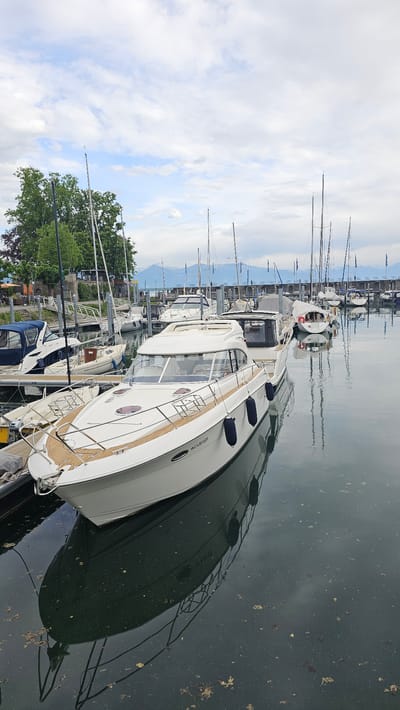 The image depicts a marina in Lindau (Bodensee), Germany, filled with various types of boats moored along a pier. A predominantly white motor yacht occupies the foreground, featuring a wooden deck and dark blue fenders. The name "Marelias" is visible on its side. The water is dark, with reflections of the boats and some debris floating on the surface. Numerous sailboats with tall masts are visible further down the pier. In the background, a cityscape is faintly discernible under a sky with patchy clouds. The overall scene conveys a calm, overcast day at a bustling marina.