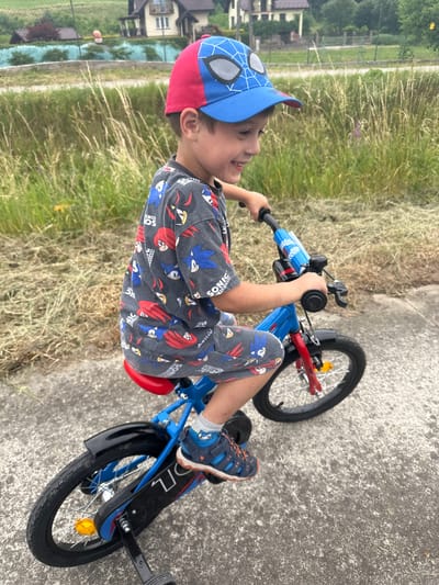 A young boy is riding a blue bicycle in what appears to be a suburban or rural outdoor setting. The boy is wearing a blue and red cap with a Spider-Man design, a grey t-shirt with a repeating Sonic the Hedgehog pattern, and grey shorts with the same Sonic pattern. He is also wearing blue and orange sneakers. His right foot is on the pedal, and his hands are on the handlebars. The bicycle has training wheels and a red seat.
The background consists of tall, dry grass and a paved surface, likely a sidewalk or path. In the distance, there are some houses with brown roofs and a fence. The lighting suggests it is daytime, possibly overcast or late afternoon, as there are no strong shadows. The overall mood is cheerful, with the boy looking engaged and happy.
Visible text includes "SONIC THE HEDGEHOG" on the boy's clothing, and what appears to be a logo or text on the bicycle frame. The location context is Biczyce Dolne, Poland.