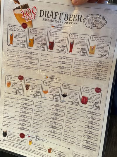A close-up of a menu for 100 draft beers from around the world. The menu is printed on a white paper with a black border. It features the German, Belgian, and Czech Republic beer sections. The menu features prices and alcohol content for each beer. The menu is located at a restaurant or bar in Sumida City, Japan, at the coordinates 35.71 latitude, 139.812 longitude.  The location is unknown beyond this, but the restaurant or bar appears to be a casual establishment.  The scene is lit by artificial lighting.