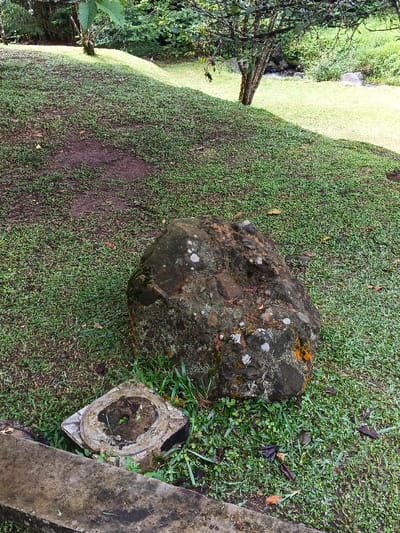 This outdoor photograph depicts a tranquil natural landscape, likely a garden or park setting, in Ban Pong, Thailand. The scene is characterized by a gently sloping hillside covered in lush, vibrant green grass, with some areas showing exposed soil or wear, particularly in the upper left section.

A prominent feature in the mid-ground is a large, dark, irregularly shaped rock. This rock is significantly textured and covered with a diverse array of lichen and moss, displaying patches of white, green, and orange, which suggests a humid environment. In the lower-left foreground, partially obscured by a concrete or stone border that runs along the bottom edge of the frame, rests a square, light-colored concrete structure. This structure has a circular recess in its center, which is filled with earth, and a small green sprout is visible growing within it, suggesting it might be a planter or a base for a monument.

The background is rich with dense foliage, including several trees with visible trunks and branches, adding depth and a sense of wilderness to the scene. Beyond the main grassy slope, in the far background on the right, there's a hint of a body of water, possibly a stream or small river, peeking through the trees.

The image captures the scene during daytime, with soft, diffused light indicating either an overcast sky or a shaded area, contributing to a calm and serene ambiance. No people or specific activities are present, allowing the focus to remain on the natural elements and textures. There is no visible text within the photograph.