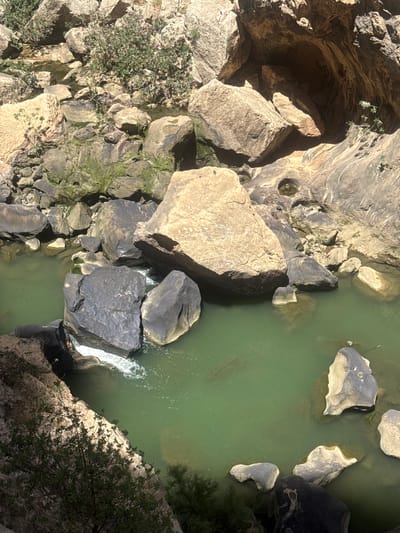 This media file showcases a scenic view of a gorge with a river flowing through it. The scene is dominated by large, weathered rock formations and a body of emerald-green water. The rocks are of varying sizes and textures, some smooth and rounded, others rough and jagged, with hints of green moss in places. The river is calm in most areas, but a small section shows a cascade of white water, suggesting a slight drop or rapids.

Vegetation is present, with sparse, hardy plants growing on the rocky ledges, including a bush with small pink flowers. The lighting suggests it is daytime, with sunlight casting shadows and highlighting the textures of the rocks. The overall impression is one of natural ruggedness and tranquility.

The perspective is from above, looking down into the gorge, giving a sense of scale to the immense rocks and the depth of the river. There are no people visible in the image. The location context provided is Ardales, Spain, which aligns with the rugged, mountainous terrain often found in such regions. No text is visible in the image.